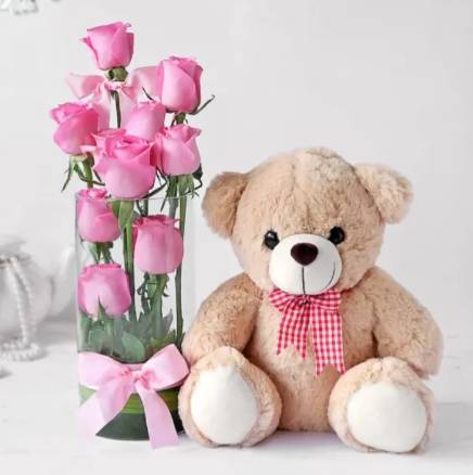 Pink Rose Teddy Love Vase Pink roses in vase with teddy bear romantic gift
