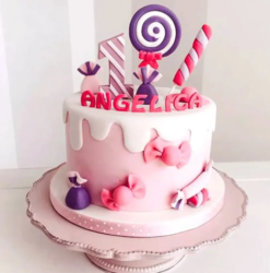 pink candyland kids birthday cake with colorful candy theme design