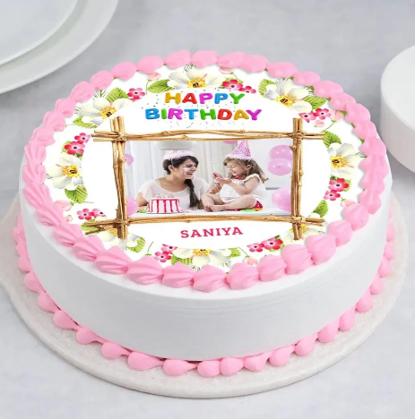 White & Pink Personalized Photo Celebration Cake Online white and pink personalized photo cake for aesthetic birthday and romantic gifting