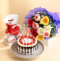 choco teddy combo with chocolate cake and teddy for romantic gifting