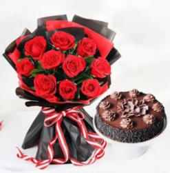 chocolate cake with red rose combo for romantic gifting