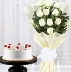 elegant white roses with pineapple cake combo for gifting