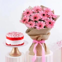 Graceful Velvet Surprise Combo – Red Velvet Cake with Pink Flowers