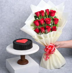 passion bloom roses with celebration cake combo for gifting