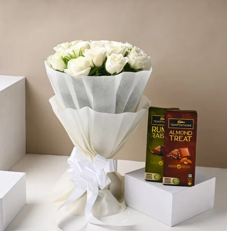 Chocolate Cake & Roses Combo Online pearly roses with chocolate cake combo for romantic gifting