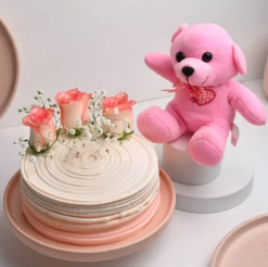 pink petal love cake and teddy combo for romantic surprise gifting