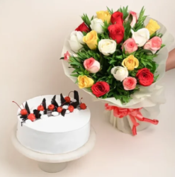 romantic rose and cake combo with fresh flowers and creamy cake