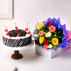 black forest cake with rose bouquet combo for romantic celebration