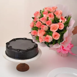roses and decadent love cake combo for romantic gifting