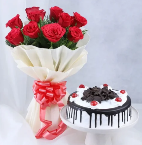 Scarlet Roses & Decadent Chocolate Cake Combo Online scarlet roses with decadent chocolate cake combo for romantic gifting