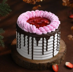 strawberry cake with fresh cream layers and juicy strawberry topping