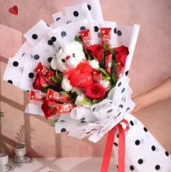 teddy chocolate gift combo with flowers for romantic surprise gifting