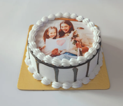 black forest moments photo cake with custom edible image and cherry topping