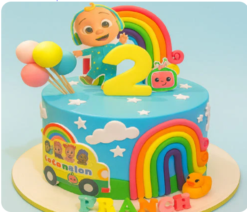 cocomelon kids birthday cake with colorful cartoon theme design