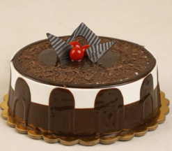 forest bliss royale cake with chocolate layers and cherry topping