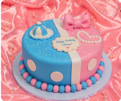 baby shower cake with half and half theme and cute reveal design