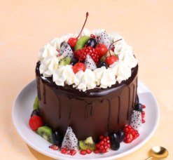 fruit chocolate drip cake with fresh fruits topping