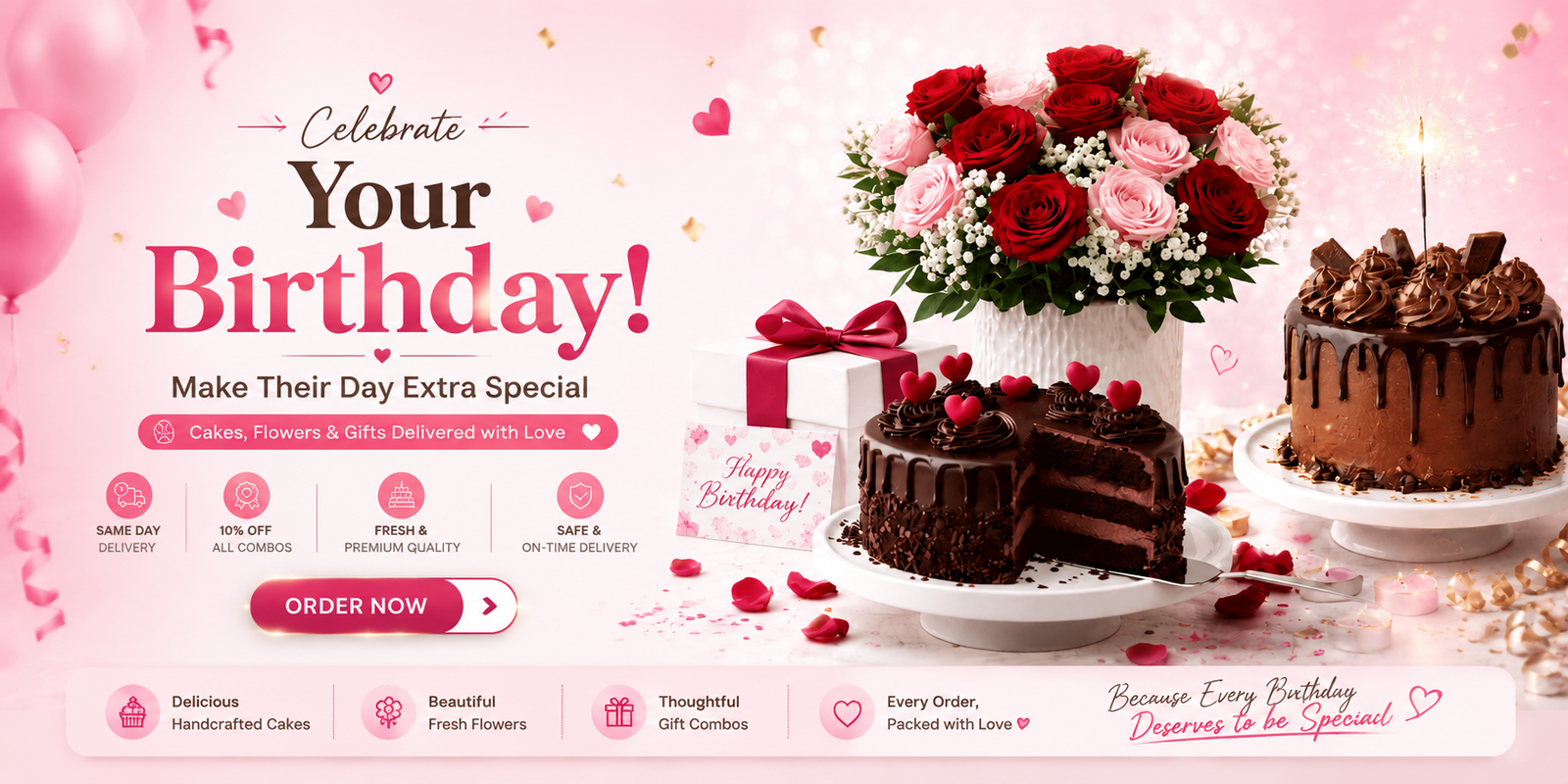 Online birthday celebration banner featuring chocolate cakes, red roses bouquet, and gift boxes with same day and midnight cake delivery service